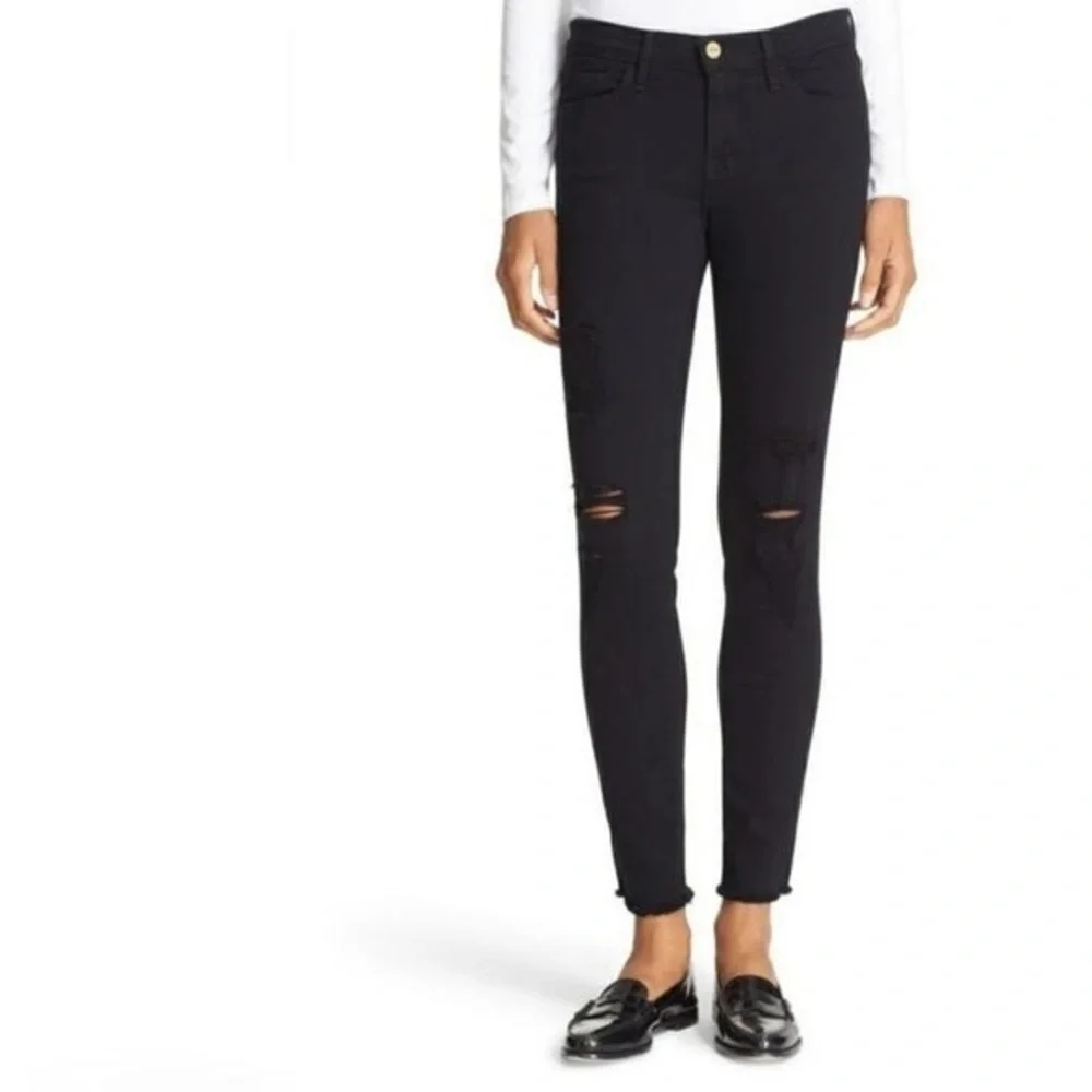 FRAME DENIM Le Skinny De Jeanne Black Ripped Knees Fray Hem Jeans Denim 31 - Picture 5 of 10
